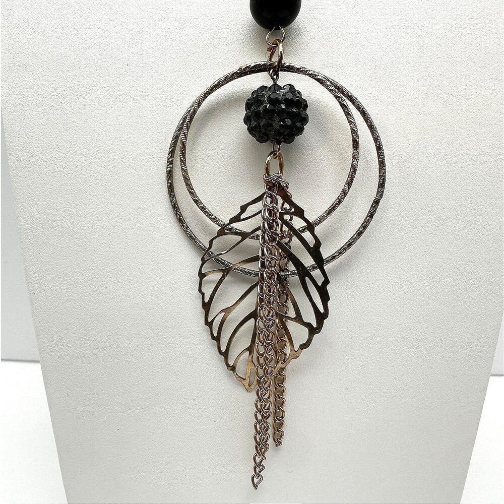 Vintage 90s Leaf Black Double Hoop Pendant Necklace Gold Tone Women's Jewelry
